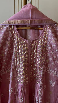 Mul Chanderi A-line Kurta Set with Pearl & Mukaish Embroidery