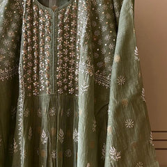 Mul Chanderi A-line Kurta Set with Pearl & Mukaish Embroidery