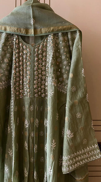 Mul Chanderi A-line Kurta Set with Pearl & Mukaish Embroidery