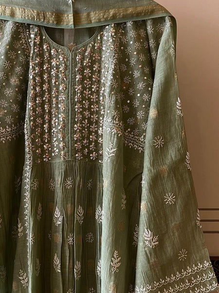 Mul Chanderi A-line Kurta Set with Pearl & Mukaish Embroidery