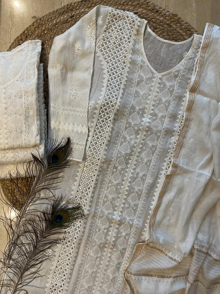 Mul Chanderi Kurta Dupatta Set with Pearl & Mukaish Embroidery