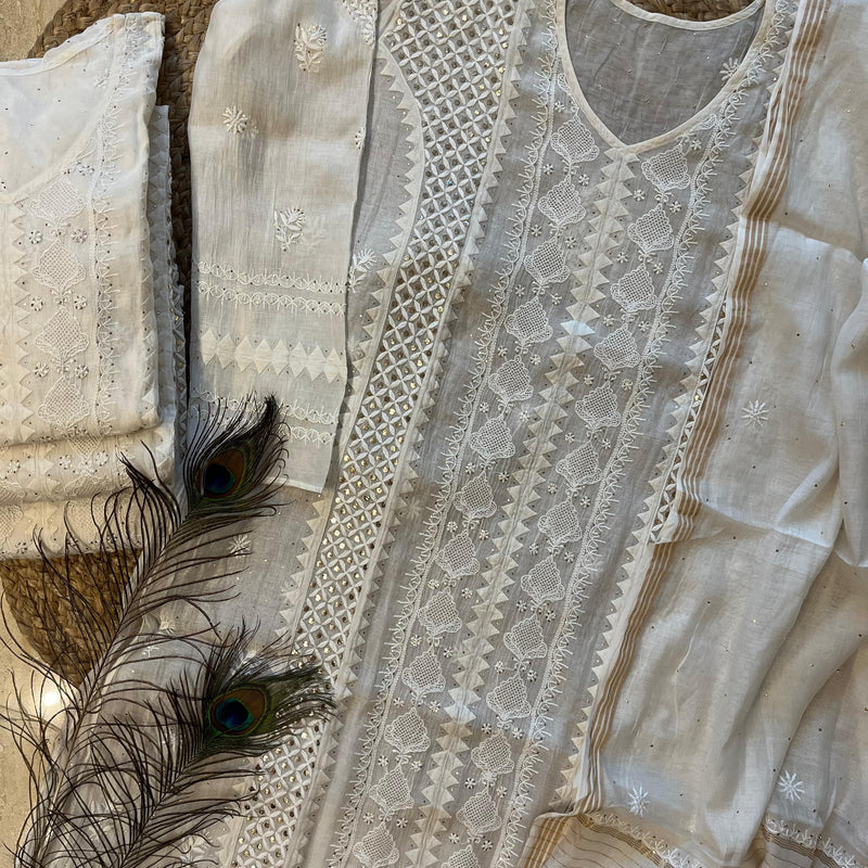 Mul Chanderi Kurta Dupatta Set with Pearl & Mukaish Embroidery