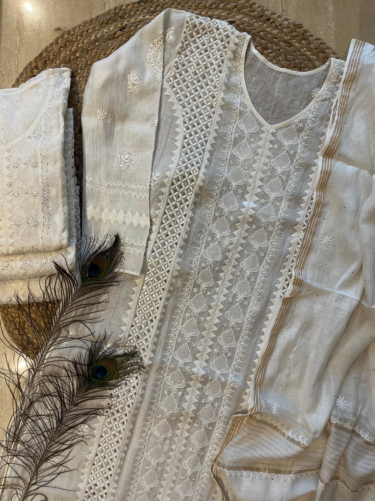 Mul Chanderi Kurta Dupatta Set with Pearl & Mukaish Embroidery