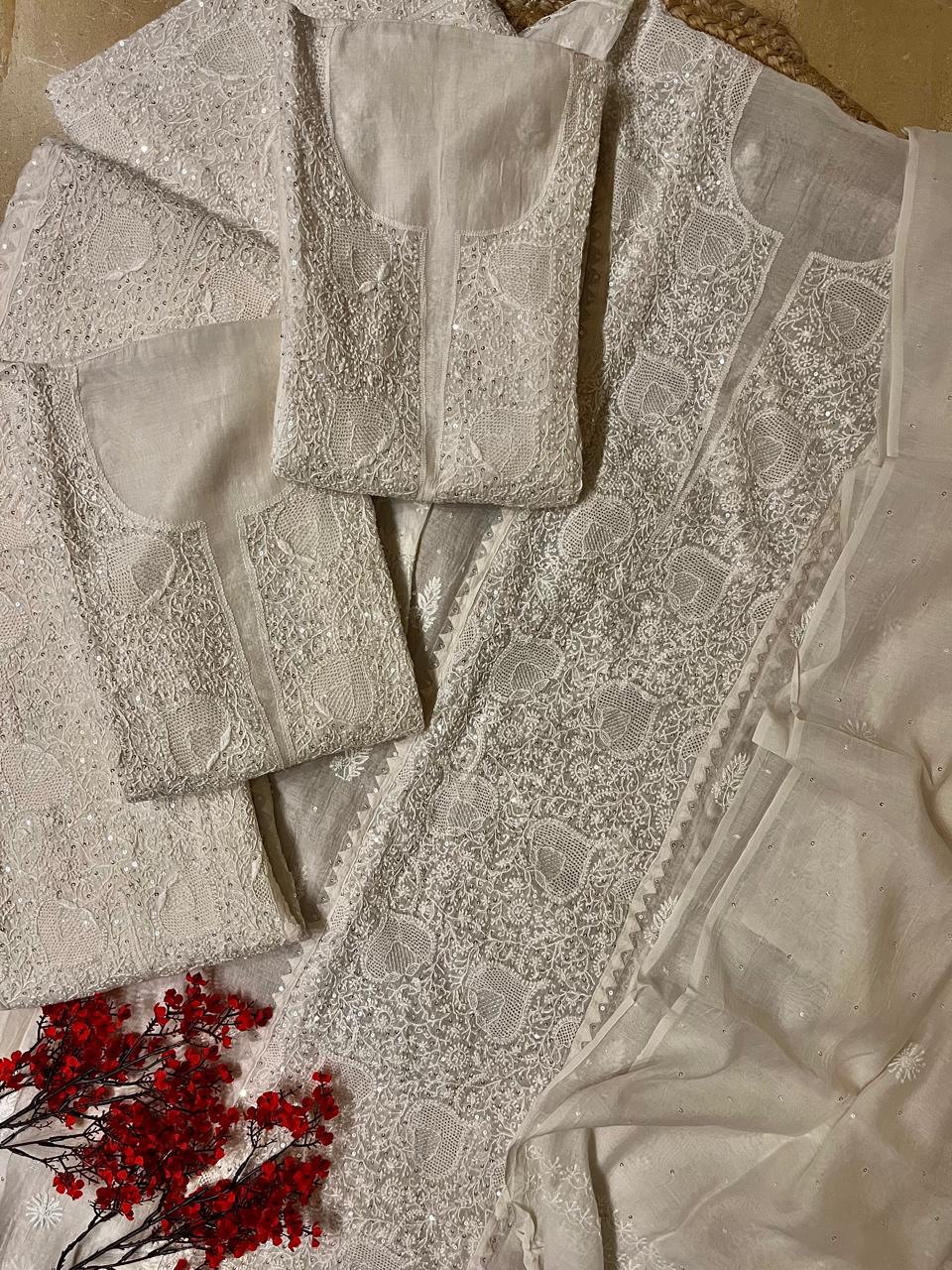 Mul Chanderi Kurta Set with Pearl & Katdana Embroidery Work