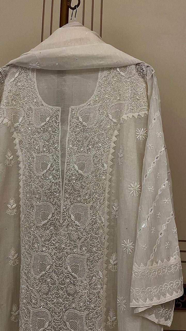 Mul Chanderi Kurta Set with Pearl & Katdana Embroidery Work
