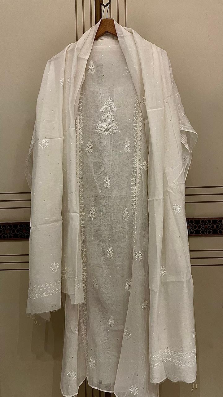 Mul Chanderi Kurta Set with Pearl & Katdana Embroidery Work