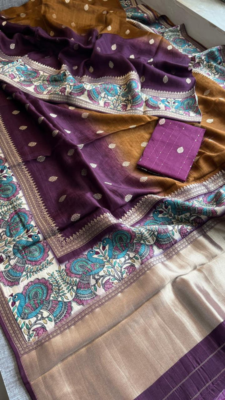 Luxurious Silver Banarasi Weave Satin Crepe Saree