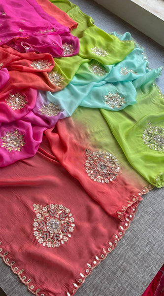 Elegant Zardozi & Pearl Embellished Chinon Crepe Saree