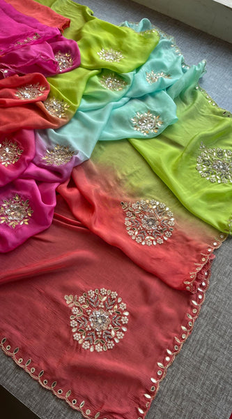 Elegant Zardozi & Pearl Embellished Chinon Crepe Saree