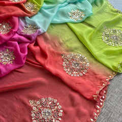 Elegant Zardozi & Pearl Embellished Chinon Crepe Saree