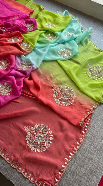 Elegant Zardozi & Pearl Embellished Chinon Crepe Saree
