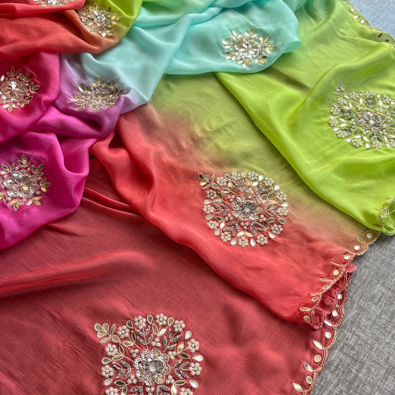 Elegant Zardozi & Pearl Embellished Chinon Crepe Saree