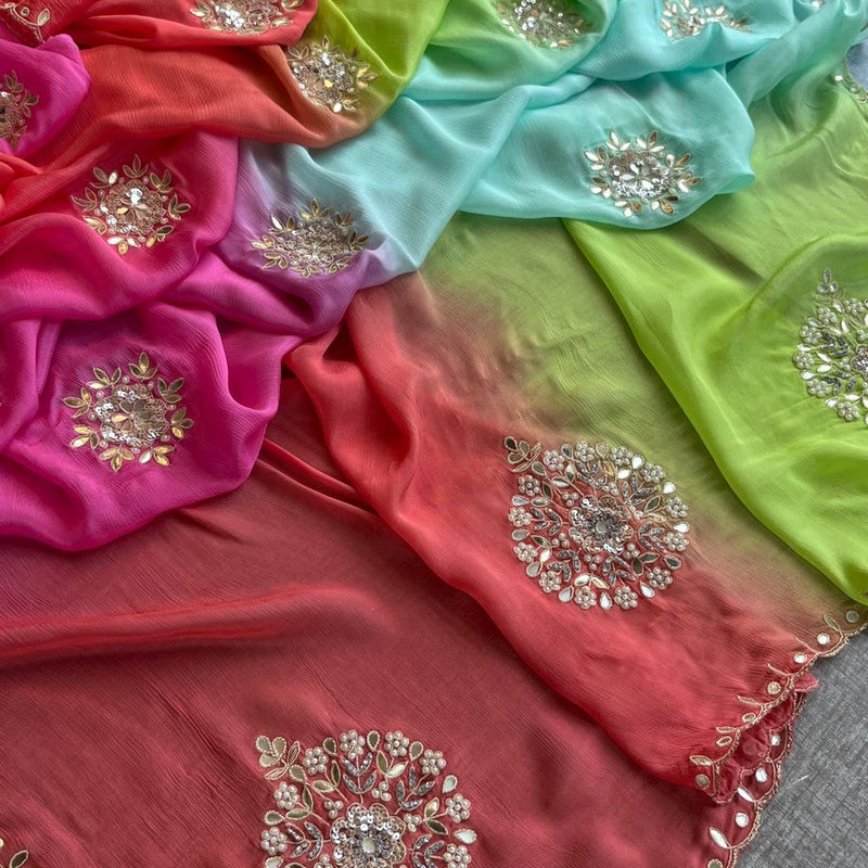Elegant Zardozi & Pearl Embellished Chinon Crepe Saree