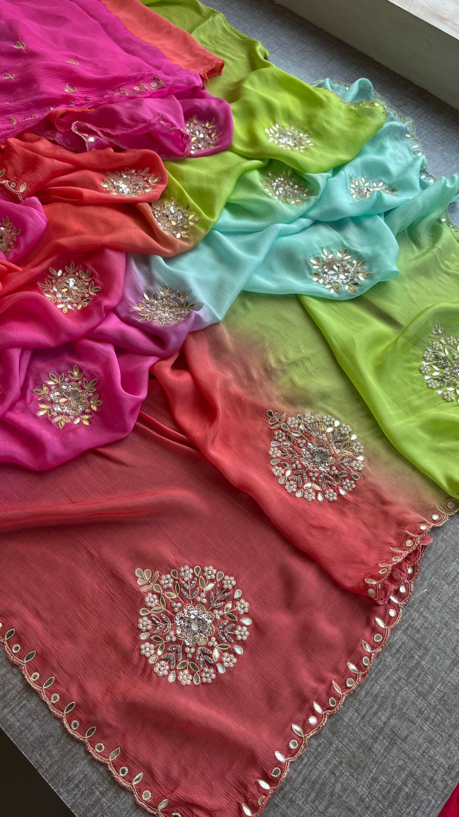 Elegant Zardozi & Pearl Embellished Chinon Crepe Saree