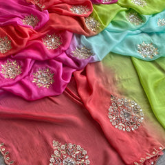 Elegant Zardozi & Pearl Embellished Chinon Crepe Saree