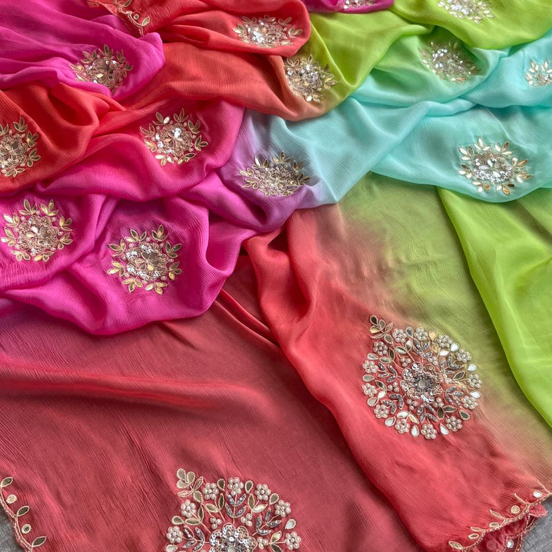 Elegant Zardozi & Pearl Embellished Chinon Crepe Saree