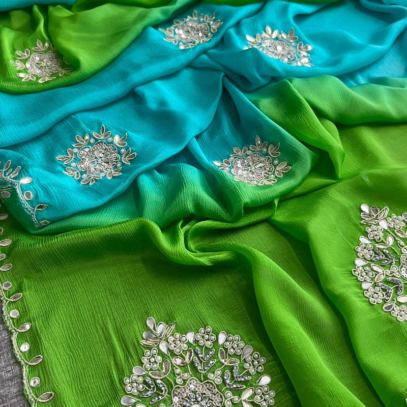Elegant Zardozi & Pearl Embellished Chinon Crepe Saree