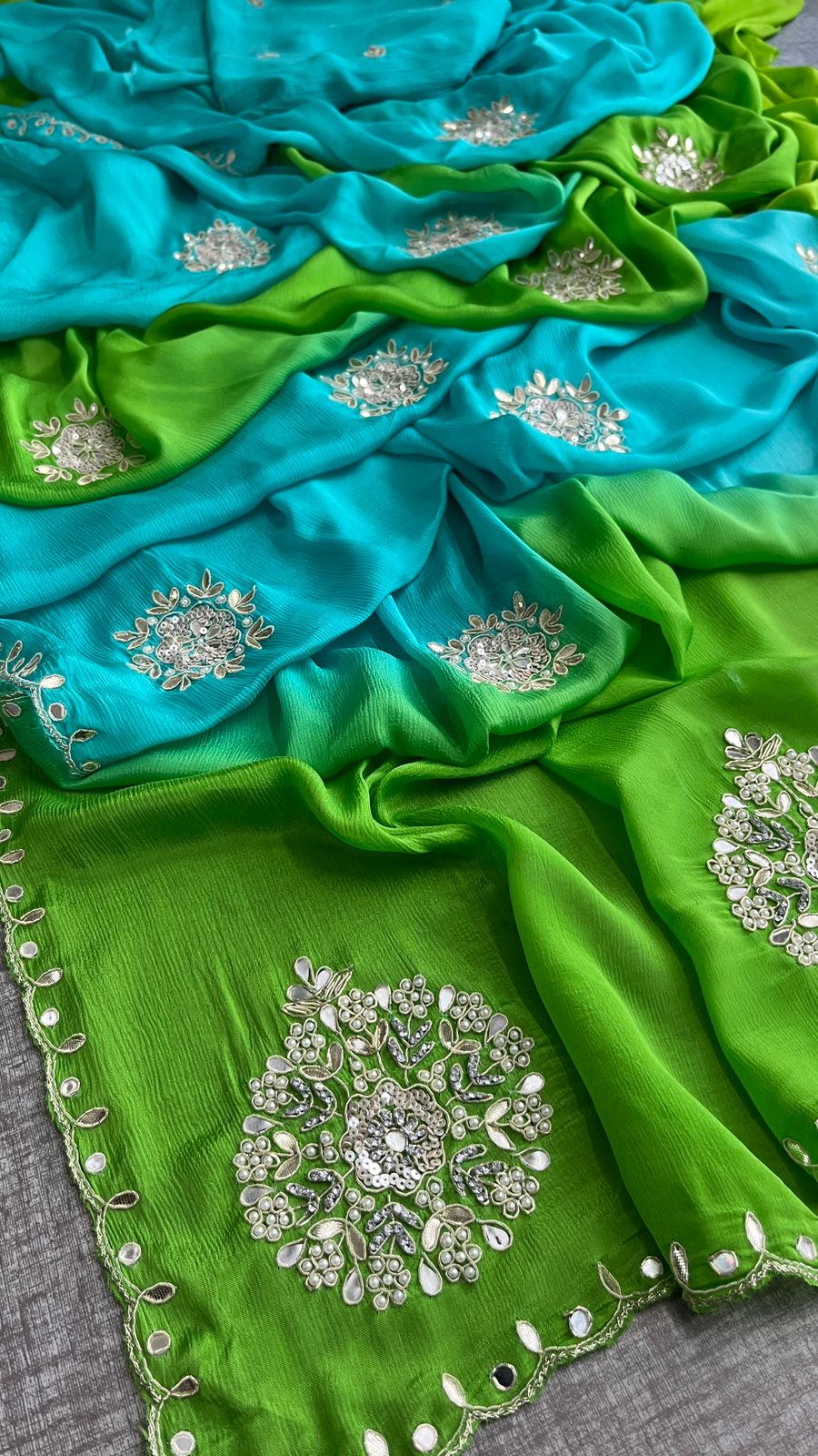 Elegant Zardozi & Pearl Embellished Chinon Crepe Saree