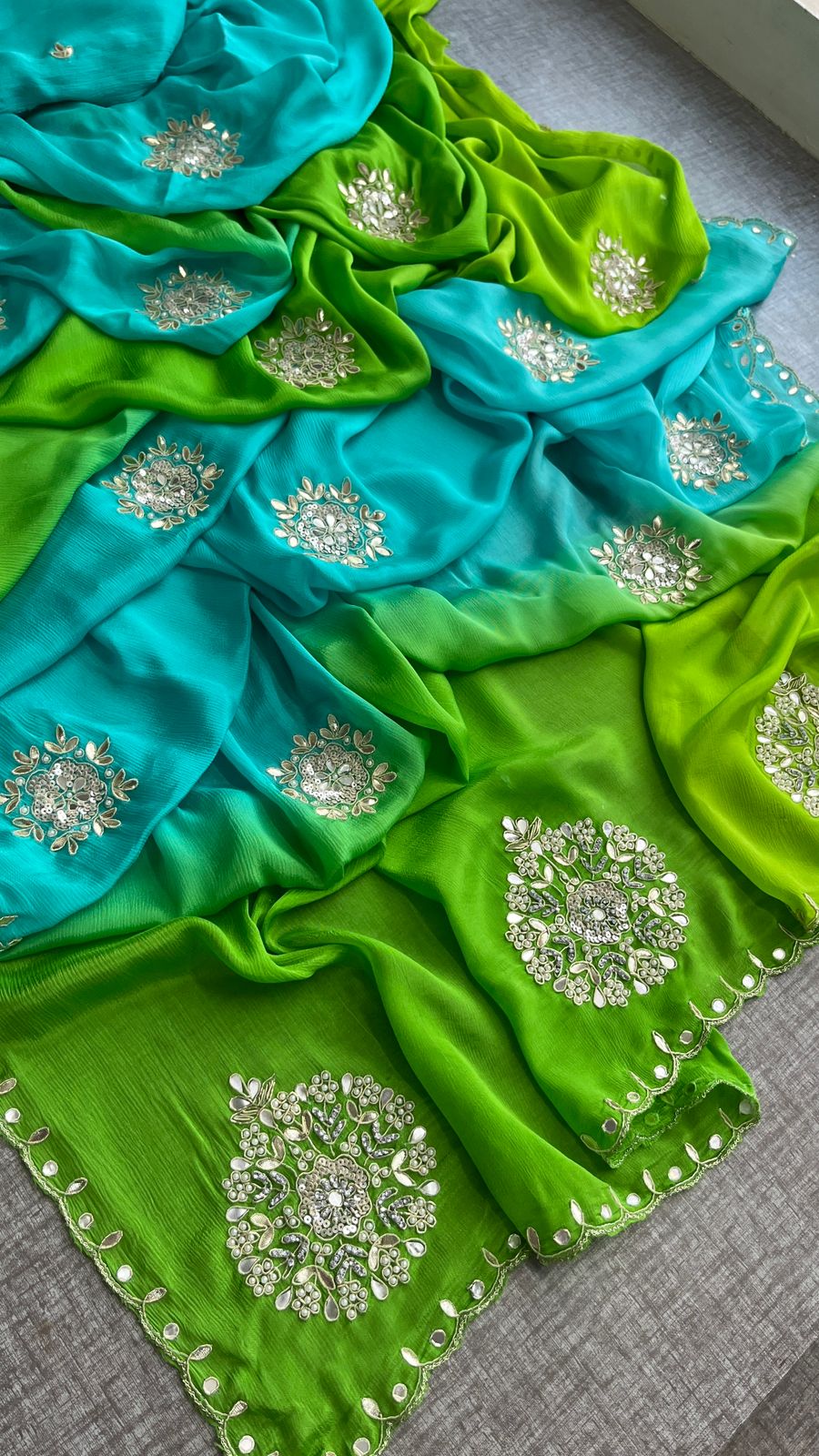 Elegant Zardozi & Pearl Embellished Chinon Crepe Saree