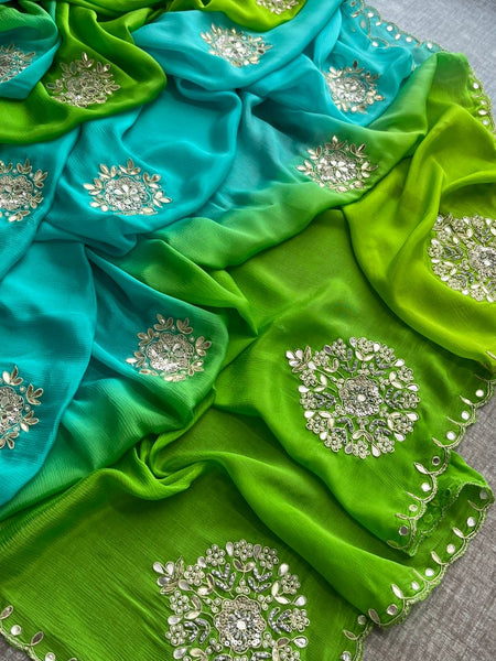 Elegant Zardozi & Pearl Embellished Chinon Crepe Saree