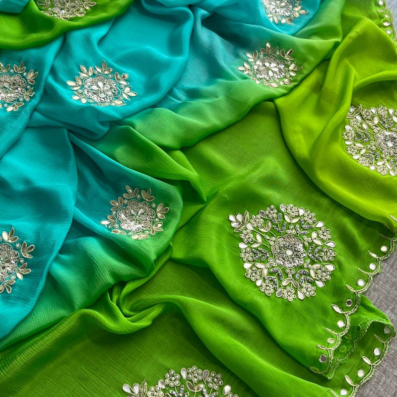 Elegant Zardozi & Pearl Embellished Chinon Crepe Saree