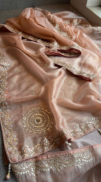 Soft Tissue Silk Saree with Gotapatti, Zardozi & Pearl Embellishments