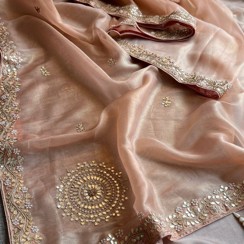 Soft Tissue Silk Saree with Gotapatti, Zardozi & Pearl Embellishments