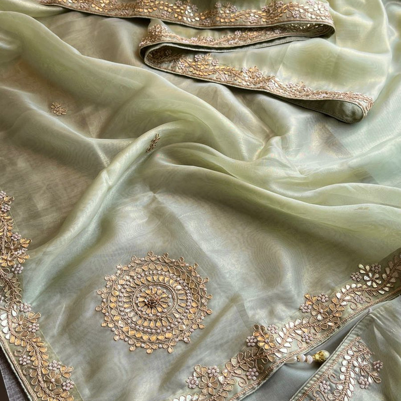 Soft Tissue Silk Saree with Gotapatti, Zardozi & Pearl Embellishments