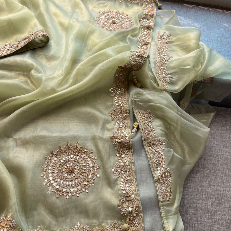 Soft Tissue Silk Saree with Gotapatti, Zardozi & Pearl Embellishments