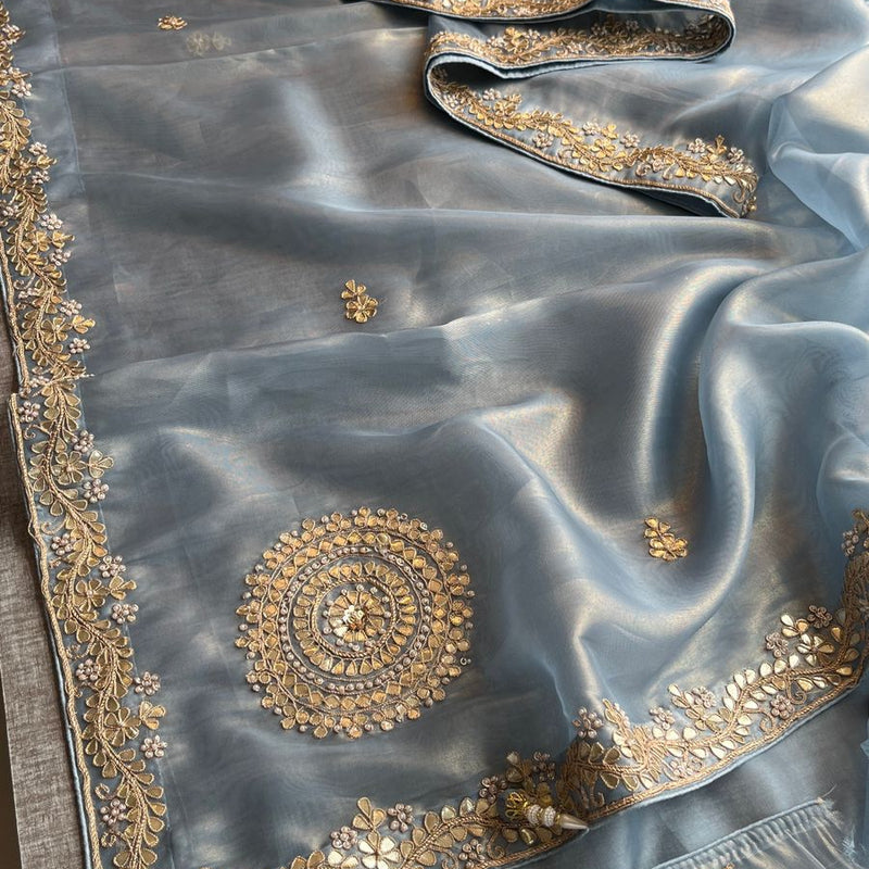 Soft Tissue Silk Saree with Gotapatti, Zardozi & Pearl Embellishments