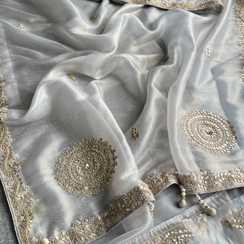 Soft Tissue Silk Saree with Gotapatti, Zardozi & Pearl Embellishments