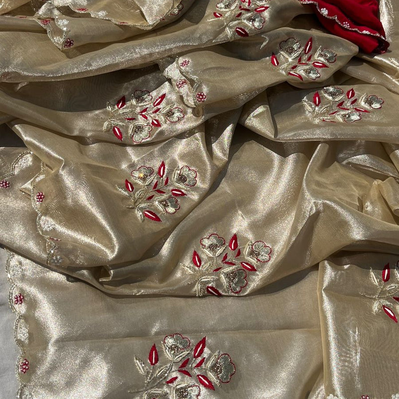 Handloom Zari Tissue Silk Saree with Zardozi, Pearl & Sequins Work