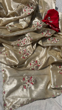 Handloom Zari Tissue Silk Saree with Zardozi, Pearl & Sequins Work