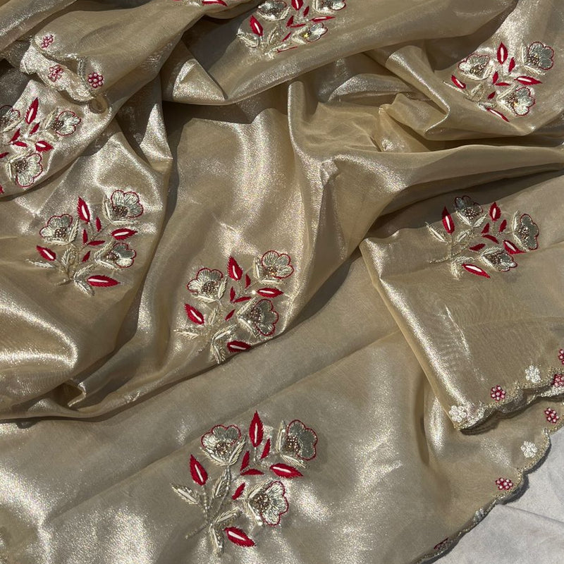 Handloom Zari Tissue Silk Saree with Zardozi, Pearl & Sequins Work