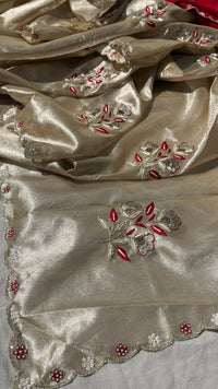 Handloom Zari Tissue Silk Saree with Zardozi, Pearl & Sequins Work