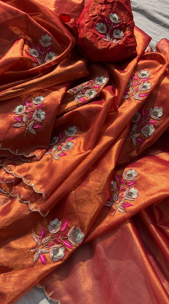 Handloom Zari Tissue Silk Saree with Zardozi, Pearl & Sequins Work