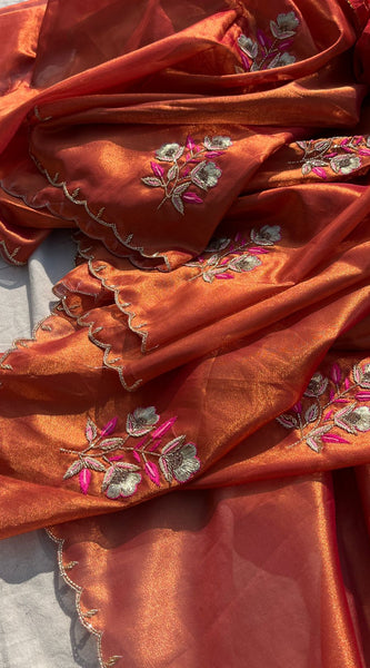 Handloom Zari Tissue Silk Saree with Zardozi, Pearl & Sequins Work