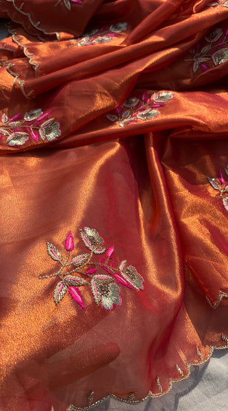 Handloom Zari Tissue Silk Saree with Zardozi, Pearl & Sequins Work