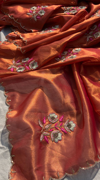 Handloom Zari Tissue Silk Saree with Zardozi, Pearl & Sequins Work