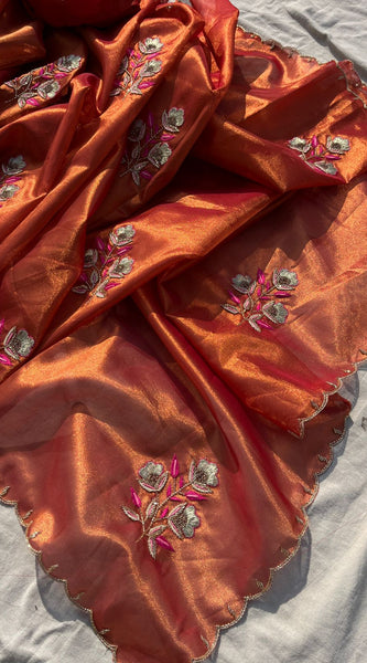 Handloom Zari Tissue Silk Saree with Zardozi, Pearl & Sequins Work