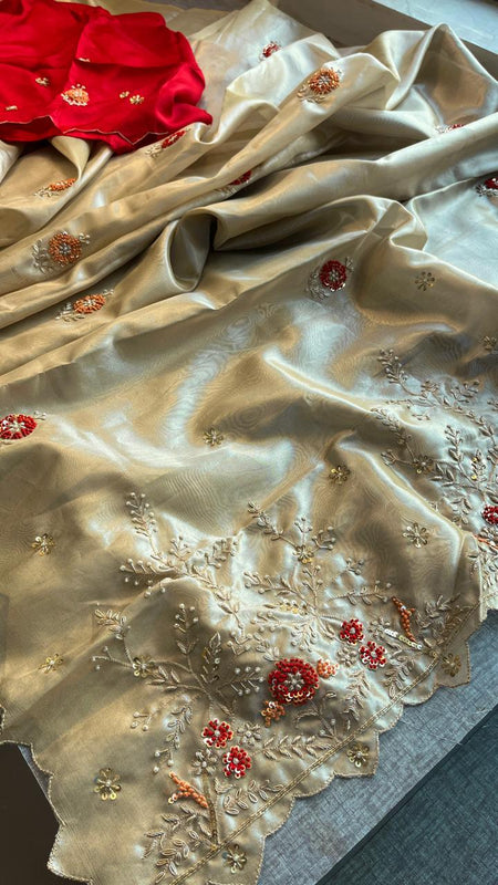 Handloom Zari Tissue Silk Saree with Zardozi, Sequins & Pearl Work