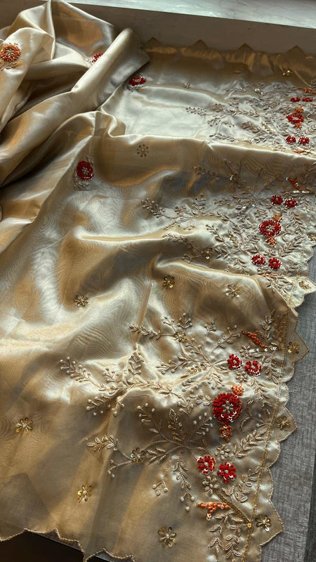 Handloom Zari Tissue Silk Saree with Zardozi, Sequins & Pearl Work