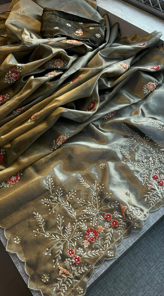 Handloom Zari Tissue Silk Saree with Zardozi, Sequins & Pearl Work