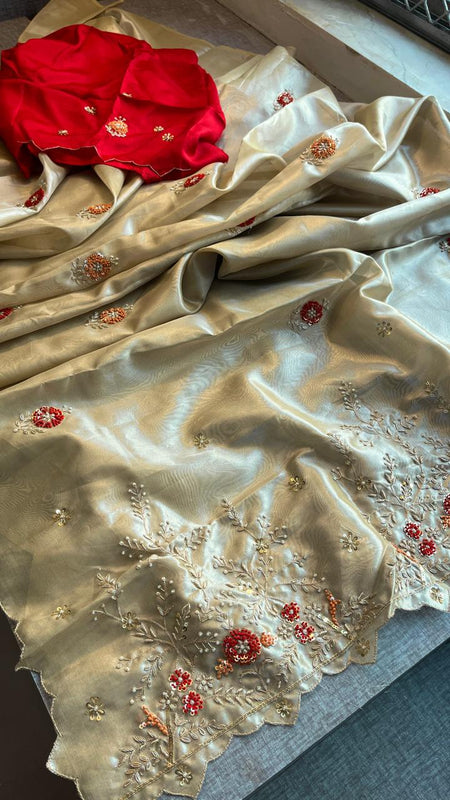 Handloom Zari Tissue Silk Saree with Zardozi, Sequins & Pearl Work