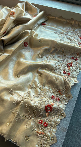 Handloom Zari Tissue Silk Saree with Zardozi, Sequins & Pearl Work