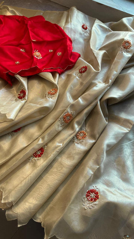 Handloom Zari Tissue Silk Saree with Zardozi, Sequins & Pearl Work
