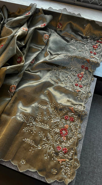 Handloom Zari Tissue Silk Saree with Zardozi, Sequins & Pearl Work