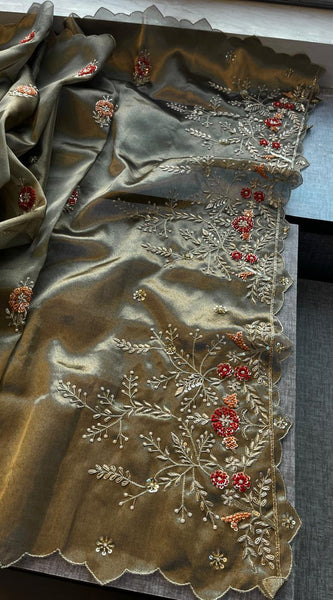 Handloom Zari Tissue Silk Saree with Zardozi, Sequins & Pearl Work