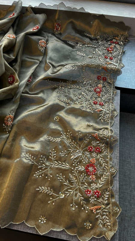 Handloom Zari Tissue Silk Saree with Zardozi, Sequins & Pearl Work