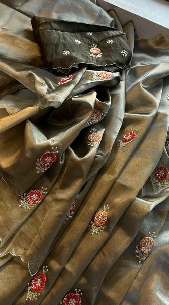 Handloom Zari Tissue Silk Saree with Zardozi, Sequins & Pearl Work
